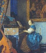 Johannes Vermeer A Young Woman Seated at the Virginal with a painting of Dirck van Baburen in the background oil on canvas